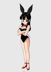 Rule 34 | 1girl, artist request, black hair, breasts, chi-chi (dragon ball), cleavage, crossed arms, dragon ball, dragonball z, female focus, full body, hair ornament, highres, legs, leotard, long hair, long legs, looking at viewer, playboy bunny, rabbit, rabbit ears, rabbit hair ornament, simple background, solo, standing