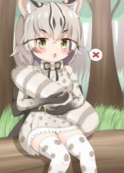 Rule 34 | 1girl, absurdres, animal ear fluff, animal ears, bare shoulders, black hair, blush, brown eyes, chestnut mouth, commentary request, day, elbow gloves, gloves, grey hair, highres, hugging own tail, hugging tail, japanese clothes, kemono friends, kimono, looking at viewer, multicolored hair, open mouth, outdoors, panties, polka dot, polka dot gloves, polka dot kimono, polka dot legwear, shin01571, sitting, sleeveless, sleeveless kimono, solo, spoken x, streaked hair, striped tail, tail, thick eyebrows, thighhighs, tree, tsushima leopard cat (kemono friends), underwear, v-shaped eyebrows, white hair, white panties, white thighhighs