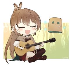 Rule 34 | 1girl, acoustic guitar, ahoge, blush, brown capelet, brown cloak, brown corset, brown eyes, brown hair, cape, capelet, cloak, closed eyes, corset, crossed legs, feather hair ornament, feathers, forest, friend (nanashi mumei), guitar, gyaheung, hair ornament, hololive, hololive english, instrument, long hair, multicolored hair, music, nanashi mumei, nature, ponytail, red skirt, ribbon, runes, shirt, singing, skirt, streaked hair, tree, virtual youtuber, white shirt