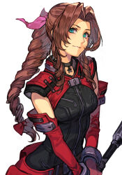 Rule 34 | 1girl, aerith gainsborough, black bodysuit, black choker, blue eyes, bodysuit, bow, braid, braided ponytail, breasts, brown hair, choker, closed mouth, cowboy shot, drill hair, elbow gloves, final fantasy, final fantasy vii, final fantasy vii ever crisis, gloves, hair bow, hair ribbon, holding, holding staff, hungry clicker, long hair, looking at viewer, medium breasts, official alternate costume, parted bangs, pink ribbon, red bow, red gloves, ribbon, side drill, sidelocks, simple background, solo, staff, standing, twin drills, white background, zipper pull tab