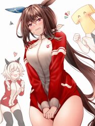 Rule 34 | 1boy, 2girls, admire vega (umamusume), alternate costume, animal ears, bloomers, breasts, buruma, closed eyes, covering crotch, covering privates, curren chan (umamusume), hair between eyes, hair ornament, happy, horse ears, horse girl, horse tail, jacket, long hair, medium breasts, medium hair, multiple girls, open mouth, ponytail, purple eyes, red hayao, simple background, t-head trainer, tail, thighhighs, thighs, tracen training uniform, track jacket, trainer (umamusume), umamusume, underwear, white background