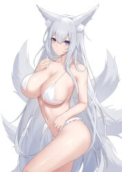 Rule 34 | 1girl, absurdres, animal ear fluff, animal ears, azur lane, bikini, breasts, fox ears, fox girl, fox tail, from side, highres, large breasts, long hair, multiple tails, navel, parted lips, purple eyes, shinano (azur lane), shinano (dreamy white sands) (azur lane), simple background, solo, stomach, swimsuit, tail, very long hair, white background, white bikini, white hair, yomi1221