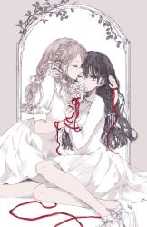 Rule 34 | 2girls, black hair, blonde hair, braid, breasts, closed eyes, dress, flower, hair ribbon, hand on another&#039;s neck, holding hands, huge breasts, kakmxxxny06, kiss, long hair, multiple girls, one eye closed, original, red ribbon, ribbon, shoes, sitting, white dress, white footwear