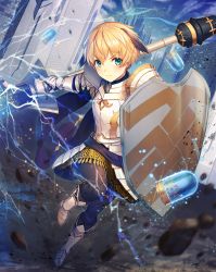 Rule 34 | 1girl, amano misaki, ammunition, armor, blonde hair, boots, castle, electricity, fate/grand order, fate (series), gareth (fate), gauntlets, green eyes, lance, armored boots, pantyhose, polearm, shield, weapon