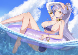Rule 34 | 1girl, absurdres, barefoot, bikini, blue sky, bracelet, breasts, choker, closed mouth, cloud, day, detached sleeves, fire emblem, fire emblem: genealogy of the holy war, hair ornament, highres, ishtar (fire emblem), jewelry, large breasts, legs, long hair, looking at viewer, nintendo, ocean, outdoors, partially submerged, partially underwater shot, ponytail, purple bikini, purple eyes, purple hair, shooot108, single detached sleeve, sky, solo, swimsuit, underwater, yellow choker