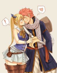 Rule 34 | !, 1boy, 1girl, axel jovanni, bare shoulders, blonde hair, blush, boots, bow, bowtie, breasts, cowboy shot, closed eyes, fairy tail, grey background, hair bow, heart, holding, holding paper, long hair, lucy heartfilia, medium breasts, natsu dragneel, pants, paper, pink hair, ponytail, pouch, scarf, simple background, skirt, sleeveless, smile, speech bubble, spoken heart, surprised, thigh boots, thighhighs, zettai ryouiki