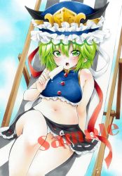 Rule 34 | 1girl, arim0k0, balance scale, bikini, black skirt, blue hat, breasts, chair, curvy, food, frilled hat, frills, green eyes, green hair, hat, hat ribbon, highres, looking at viewer, medium breasts, navel, open mouth, outdoors, popsicle, ribbon, ribbon-trimmed skirt, ribbon trim, sample watermark, shiki eiki, short hair, sitting, skirt, solo, swimsuit, teeth, touhou, traditional media, upper teeth only, watermark, weighing scale