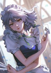 Rule 34 | 1girl, ace (playing card), ace of spades, apron, blue vest, bow, braid, card, collared shirt, commentary request, dutch angle, green bow, green ribbon, grey hair, highres, holding, holding card, holding knife, indoors, izayoi sakuya, knife, lips, looking at viewer, maid headdress, medium hair, neck ribbon, noriuma, open mouth, playing card, puffy short sleeves, puffy sleeves, red eyes, ribbon, shirt, short sleeves, signature, solo, spade (shape), touhou, twin braids, upper body, vest, white apron, white shirt, window