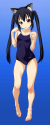 Rule 34 | 1girl, animal ears, barefoot, black eyes, brown eyes, cat ears, competition school swimsuit, highres, k-on!, long hair, nakano azusa, norizou type-r, one-piece swimsuit, paw pose, school swimsuit, solo, swimsuit, twintails