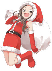 Rule 34 | 10s, 1girl, :d, absurdres, arm warmers, belt, boots, breasts, brown eyes, brown hair, christmas, commentary request, detached sleeves, dress, full body, fur-trimmed boots, fur-trimmed sleeves, fur trim, hat, highres, holding, jumping, karakai jouzu no takagi-san, legs folded, legs up, long hair, looking at viewer, matching hair/eyes, open mouth, red dress, red legwear, sack, santa boots, santa costume, santa hat, simple background, sleeveless, small breasts, smile, solo, takagi-san, white background, yamamoto souichirou