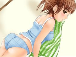 Rule 34 | 1girl, ass, blue panties, blue shirt, blush, breasts, brown eyes, brown hair, checkered clothes, checkered panties, checkered shirt, child, from behind, gossa-tei, lingerie, long hair, looking at viewer, looking back, panties, ponytail, shirt, small breasts, solo, tank top, towel, underwear, wall