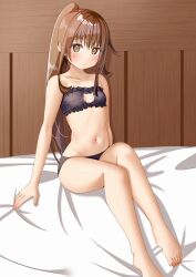 Rule 34 | 1girl, amano miyako, black bra, black panties, blush, bra, breasts, brown eyes, brown hair, cat cutout, cat lingerie, cleavage, cleavage cutout, closed mouth, clothing cutout, collarbone, commentary request, full body, fumizuki (kancolle), kantai collection, long hair, looking at viewer, meme attire, navel, on bed, panties, ponytail, sitting, small breasts, smile, solo, underwear, underwear only, wooden wall