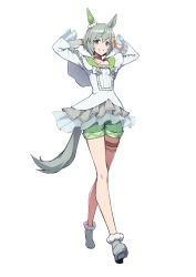 Rule 34 | 1girl, animal ears, blue eyes, ear covers, frilled sleeves, frills, full body, green hair, green shorts, horse ears, horse girl, horse tail, long sleeves, puffy long sleeves, puffy sleeves, seiun sky (umamusume), short hair, shorts, simple background, single ear cover, smile, solo, tail, tenkey2022, umamusume, white background