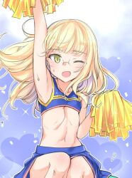Rule 34 | 1girl, aohashi ame, blonde hair, blue background, blush, breasts, cheerleader, heart, long hair, looking at viewer, midriff, miniskirt, navel, one eye closed, open mouth, perrine h. clostermann, pom pom (cheerleading), simple background, skirt, small breasts, smile, solo, strike witches, world witches series, yellow eyes