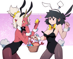 Rule 34 | 2girls, animal ears, aqua nails, basket, black bow, black bowtie, black eyes, black hair, black leotard, black nails, blush, bow, bowtie, breasts, brown horns, cleavage, colored skin, cowboy shot, crab, detached collar, easter, easter egg, egg, fake animal ears, fake tail, hands up, highres, holding, holding basket, holding egg, horns, leotard, lucia (scott malin), meisha (scott malin), multiple girls, nail polish, narrow waist, original, pantyhose, playboy bunny, pointy ears, rabbit ears, rabbit tail, red skin, scott malin, strapless, strapless leotard, tail, white hair, wrist cuffs, yellow eyes, yellow neckwear