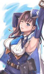 Rule 34 | 1girl, absurdres, armpits, arms up, blue necktie, blush, breasts, brown hair, detached sleeves, goddess of victory: nikke, hat, highres, large breasts, lips, long hair, looking at viewer, marian (nikke), medium breasts, necktie, p.a.l.m, purple eyes, ribbon, sideboob, smile, solo, sweat, upper body