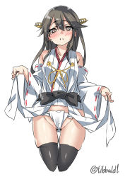 Rule 34 | 10s, 1girl, bad id, bad twitter id, black hair, black thighhighs, blush, brown eyes, clothes lift, collarbone, cowboy shot, cropped legs, detached sleeves, ebifurya, fundoshi, groin, hair between eyes, haruna (kancolle), headgear, highres, inactive account, japanese clothes, kantai collection, lifted by self, long hair, long sleeves, looking at viewer, nontraditional miko, open mouth, ribbon-trimmed sleeves, ribbon trim, sidelocks, simple background, skindentation, solo, tears, thighhighs, twitter username, white background, wide sleeves