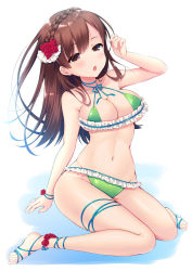 Rule 34 | 1girl, arm up, bare shoulders, bikini, blue ribbon, blush, braid, breasts, brown eyes, brown hair, cleavage, collarbone, commentary request, fingernails, flower, frilled bikini, frills, green bikini, groin, hair between eyes, hair flower, hair ornament, head tilt, highres, kantai collection, ko yu, large breasts, leg ribbon, long hair, looking at viewer, navel, neck ribbon, ooi (kancolle), parted lips, red flower, red rose, ribbon, rose, sitting, solo, swimsuit, very long hair, wariza