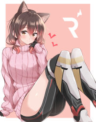 Rule 34 | 1girl, animal ear fluff, animal ears, arm support, armor, black gloves, black legwear, border, breasts, brown hair, cat ears, gloves, greaves, hand on own chest, hand up, heart, highres, hololive, initial, jiino, knees, large breasts, light smile, long hair, looking to the side, low twintails, pink background, pink sweater, red hair, ribbon, roboco-san, short twintails, sitting, sleeves past wrists, solo, sweater, thighs, twintails, virtual youtuber, white border, yellow eyes