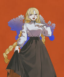 Rule 34 | 1girl, :d, black skirt, blonde hair, braid, commentary, feet out of frame, floral background, french braid, hand on own chest, high-waist skirt, highres, long hair, long skirt, long sleeves, looking at viewer, open mouth, original, parted bangs, puffy long sleeves, puffy sleeves, red background, red eyes, shirt, shirt tucked in, single sidelock, skirt, skirt hold, smile, solo, standing, symbol-only commentary, teeth, twin braids, upper teeth only, white shirt, yumu1059