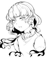 Rule 34 | 1girl, crying, crying with eyes open, earlobes, ebisu eika, frills, greyscale, hi you (flying bear), highres, long earlobes, looking at viewer, monochrome, puffy short sleeves, puffy sleeves, short sleeves, solo, tears, touhou, wily beast and weakest creature
