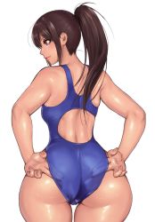 Rule 34 | 1girl, adjusting clothes, adjusting swimsuit, ass, bare shoulders, breasts, brown eyes, brown hair, cameltoe, commentary request, competition swimsuit, hifumi (art sky littel), highres, light smile, lips, long hair, looking to the side, one-piece swimsuit, original, ponytail, school swimsuit, shiny skin, simple background, skindentation, solo, swimsuit, thigh gap, thighs, white background, wide hips