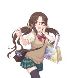 Rule 34 | 1girl, bag, brown hair, glasses, holding, holding bag, long hair, nanaka (princess connect!), nanaka (real) (princess connect!), official art, poster (object), princess connect!, school bag, school uniform, thumbs up, transparent background, twintails