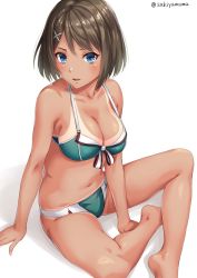 Rule 34 | 10s, 1girl, adapted costume, arm at side, arm support, artist name, bare arms, bare legs, bare shoulders, barefoot, between legs, bikini, bikini tan, blue eyes, blush, breasts, brown hair, cleavage, collarbone, from above, front-tie top, green bikini, hair ornament, hand between legs, kantai collection, looking at viewer, looking up, maya (kancolle), maya kai ni (kancolle), medium breasts, navel, open mouth, parted lips, sakiyamama, shiny skin, short hair, simple background, sitting, solo, spread legs, stomach, strap gap, swimsuit, tan, tanline, white background, x hair ornament