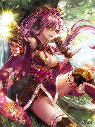 Rule 34 | 1girl, :d, against tree, bare shoulders, belt, belt buckle, black thighhighs, box (hotpppink), breasts, brown belt, buckle, cleavage, company name, covered erect nipples, day, detached sleeves, dual wielding, finger on trigger, firing, floating hair, floral print, foreshortening, grass, gun, hair between eyes, hair ribbon, handgun, high ponytail, highres, holding, holding gun, holding weapon, holster, japanese clothes, kimono, knee pads, knee up, large breasts, long hair, long sleeves, looking at viewer, nail polish, obi, official art, on ground, open mouth, outdoors, pink hair, pink ribbon, ponytail, print sleeves, purple footwear, purple kimono, red eyes, red nails, red shorts, ribbon, ribbon-trimmed legwear, ribbon trim, sash, sengoku kishin valkyrie, shorts, sitting, smile, smoke, solo, sunlight, tassel, thighhighs, tree, v-shaped eyebrows, very long hair, weapon, wide sleeves
