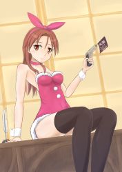 Rule 34 | 1girl, animal ears, black thighhighs, blush, breasts, closed mouth, collar, fake animal ears, gun, handgun, highres, keicha (kmoekaki), looking at viewer, medium breasts, minna-dietlinde wilcke, orange eyes, pistol, rabbit ears, red collar, red hair, santa costume, solo, strike witches, thighhighs, weapon, world witches series
