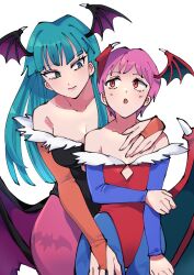 Rule 34 | 2girls, bat wings, breasts, demon girl, flat chest, green hair, hand on another&#039;s shoulder, hand on another&#039;s thigh, head wings, height difference, leotard, lilith aensland, long hair, medium breasts, morrigan aensland, multiple girls, oushiza towel, short hair, vampire (game), wings, yuri