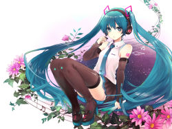 Rule 34 | 1girl, aqua eyes, aqua hair, boots, detached sleeves, flower, full body, hatsune miku, hatsune miku (vocaloid4), headphones, headset, high heels, kashiwaba en, long hair, looking at viewer, necktie, pigeon-toed, sitting, skirt, solo, spring onion, staff (music), thigh boots, thighhighs, twintails, very long hair, vocaloid