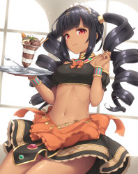 Rule 34 | 1girl, backlighting, bare shoulders, black hair, black skirt, blunt bangs, bracelet, chocolate, closed mouth, clothes lift, cowboy shot, crop top, dark-skinned female, dark skin, day, drill hair, food, gold trim, highres, holding, holding tray, ice cream, indoors, jewelry, long hair, looking at viewer, maid, maid headdress, neck ring, original, parfait, red eyes, sasaame, skirt, smile, solo, spoon, standing, stomach, tray, twin drills, twintails, usekh collar, wafer stick