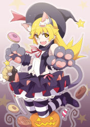 Rule 34 | 1girl, animal ears, animal hands, bad id, bad pixiv id, bare shoulders, blonde hair, candy, cat ears, cat ornament, cat paws, cat tail, doughnut, fang, food, gesugesu ahoaho, hat, jack-o&#039;-lantern, long hair, looking at viewer, monogatari (series), navel, open mouth, oshino shinobu, pantyhose, pumpkin, purple legwear, red ribbon, ribbon, roots, simple background, skirt, solo, striped clothes, striped legwear, striped pantyhose, tail, wand, witch hat, yellow eyes