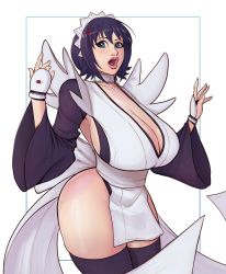 Rule 34 | 1girl, absurdres, black hair, blue eyes, breasts, cleavage, devilhs, female focus, highres, huge breasts, iroha (samurai spirits), legs, lips, looking at viewer, maid, open mouth, samurai spirits, short hair, sideboob, simple background, solo focus, thighhighs, thighs