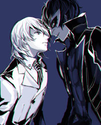 Rule 34 | 10s, 2boys, akechi gorou, amamiya ren, blue background, cezaria, domino mask, double-breasted, eye contact, highres, looking at another, male focus, mask, monochrome, multiple boys, necktie, persona, persona 5, profile, simple background, smile, upper body
