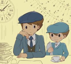 Rule 34 | 2boys, black eyes, blue headwear, blue jacket, blue necktie, blue sweater, blush, book, book stack, brown hair, cabbie hat, clock, closed mouth, collared shirt, commentary request, cup, future luke, green vest, hand on own cheek, hand on own face, hat, highres, ink bottle, jacket, kiwami (kiwamimuneko), long sleeves, looking at another, luke triton, male focus, multiple boys, necktie, open clothes, open jacket, professor layton, professor layton and the unwound future, saucer, shirt, short hair, smile, sweater, upper body, vest, wall clock, white shirt, yellow background