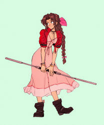 Rule 34 | 1girl, aerith gainsborough, bangle, boots, bow, bracelet, braid, braided ponytail, breasts, cleavage, commentary, cropped jacket, david liu, dress, english commentary, final fantasy, final fantasy vii, final fantasy vii remake, full body, hair bow, highres, jacket, jewelry, long braid, long dress, long hair, medium breasts, pink bow, pink dress, red jacket, single braid, smile, solo, square enix, staff