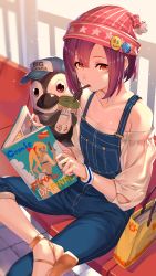 Rule 34 | 1girl, akanagi youto, bag, bare shoulders, baseball cap, bench, blue hat, book, breasts, brown footwear, bubble tea, cleavage, collarbone, commentary request, cup, drinking, drinking straw, feet out of frame, handbag, hat, highres, holding, holding book, long sleeves, looking at viewer, off-shoulder shirt, off shoulder, orange eyes, original, overalls, pink hat, pom pom (clothes), purple hair, railing, sandals, shadow, shirt, short hair, sidelocks, sitting, small breasts, solo, star (symbol), star print, stuffed animal, stuffed penguin, stuffed toy, white shirt, wristband