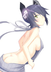 Rule 34 | 10s, 1girl, ass, backless outfit, bare back, bare shoulders, breasts, butt crack, headgear, highres, kantai collection, looking at viewer, medium breasts, meme attire, naked sweater, purple hair, short hair, sideboob, simple background, smile, solo, sweater, taira yuuki, tenryuu (kancolle), turtleneck, turtleneck sweater, virgin killer sweater, white background, yellow eyes