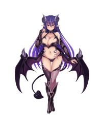 Rule 34 | 1girl, absurdres, bare shoulders, bat wings, blush, boots, breasts, cleavage, demon girl, detached sleeves, elbow gloves, gloves, highres, horns, large breasts, long hair, looking at viewer, navel, original, pointy ears, purple hair, red eyes, sogegin, solo, tail, tattoo, thighhighs, transparent background, very long hair, wings