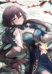 1girl absurdres animal_ears aqua_dress aqua_eyes aqua_gloves black_hair branch breasts china_dress chinese_clothes cleavage dress gloves highres honkai:_star_rail honkai_(series) jewelry long_hair looking_at_viewer lying_on_water medium_breasts necklace parted_lips pearl_necklace ruan_mei_(honkai:_star_rail) solo usagi_(786113654)