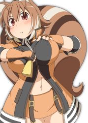 Rule 34 | 1girl, absurdres, animal ears, belt, blazblue, blazblue: chronophantasma, blush, breasts, brown hair, cloak, collared jacket, curvy, fitting, hand on own chest, highres, jacket, large breasts, makoto nanaya, mirano, multicolored hair, navel, orange jacket, orange skirt, pout, red eyes, short hair, skirt, solo, squirrel ears, squirrel tail, tail, thick thighs, thighs, undersized clothes, white background, white hair, wide hips, zipper