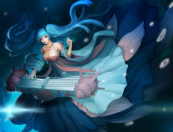 Rule 34 | 1girl, alternate costume, aqua hair, breasts, cherryxoa, cleavage, etwahl, jewelry, large breasts, league of legends, long hair, necklace, open mouth, shell, shell bikini, signature, solo, sona (league of legends), twintails, yellow eyes