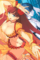 Rule 34 | 1girl, absurdres, alcohol, alternate costume, arabian clothes, beer, belly chain, blue eyes, breasts, brown hair, cleavage, dancer, earrings, fate/grand order, fate (series), flower, hair flower, hair ornament, highres, jewelry, large breasts, looking at viewer, mata hari (fate), non-web source, official art, oomori aoi, smile
