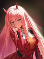 Rule 34 | 1girl, absurdres, closed mouth, darling in the franxx, green eyes, hair between eyes, hairband, highres, horns, jacket, long hair, long sleeves, military uniform, necktie, neo j, orange necktie, pink hair, red horns, red jacket, smile, solo, straight hair, twisted torso, uniform, very long hair, white hairband, zero two (darling in the franxx)
