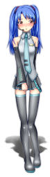 Rule 34 | 1girl, blue hair, blush, clearite, cosplay, hatsune miku, hatsune miku (cosplay), idolmaster, idolmaster (classic), kisaragi chihaya, long hair, long image, simple background, skirt, solo, tall image, thighhighs, vocaloid, white background