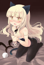Rule 34 | 1girl, animal ears, black pantyhose, blonde hair, blush, cat ears, cat tail, detached collar, fake animal ears, fake tail, glasses, leotard, long hair, looking at viewer, open mouth, panties, panties under pantyhose, pantyhose, perrine h. clostermann, playboy bunny, rabbit ears, rabbit tail, saliva, shin (new), solo, strike witches, tail, tears, underwear, world witches series, wrist cuffs, yellow eyes
