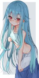 Rule 34 | 1girl, absurdres, blue hair, blue skirt, blush, border, closed mouth, collarbone, dressing, flat chest, hair between eyes, highres, hinanawi tenshi, long hair, navel, red eyes, skirt, solo, tank top, touhou, tsune (tune), very long hair, white border, white tank top