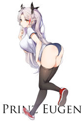 Rule 34 | 1girl, antenna hair, ass, azur lane, bent over, black thighhighs, blue buruma, breasts, buruma, character name, finger to mouth, full body, gym uniform, hair ribbon, hand up, highres, large breasts, long hair, looking at viewer, looking back, luse maonang, multicolored hair, orange eyes, prinz eugen (azur lane), red footwear, ribbon, shirt, shoes, short sleeves, silver hair, simple background, skindentation, sneakers, solo, streaked hair, swept bangs, thighhighs, thighs, two side up, very long hair, white background, white shirt